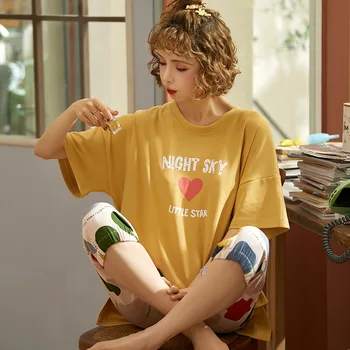 

Summer Princess Style Print Pajamas Set Mujer Top+Calf-length Cotton Sleepwear Kawaii Casual Thin Fresh Outerwear Tracksuit S934