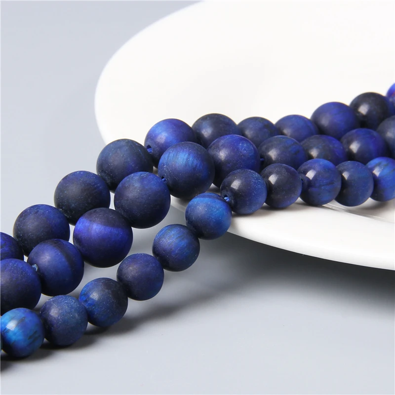 Frosted Stone Round Lapis Blue Color Tiger Eye Loose Beads Jewelry Making 15" 