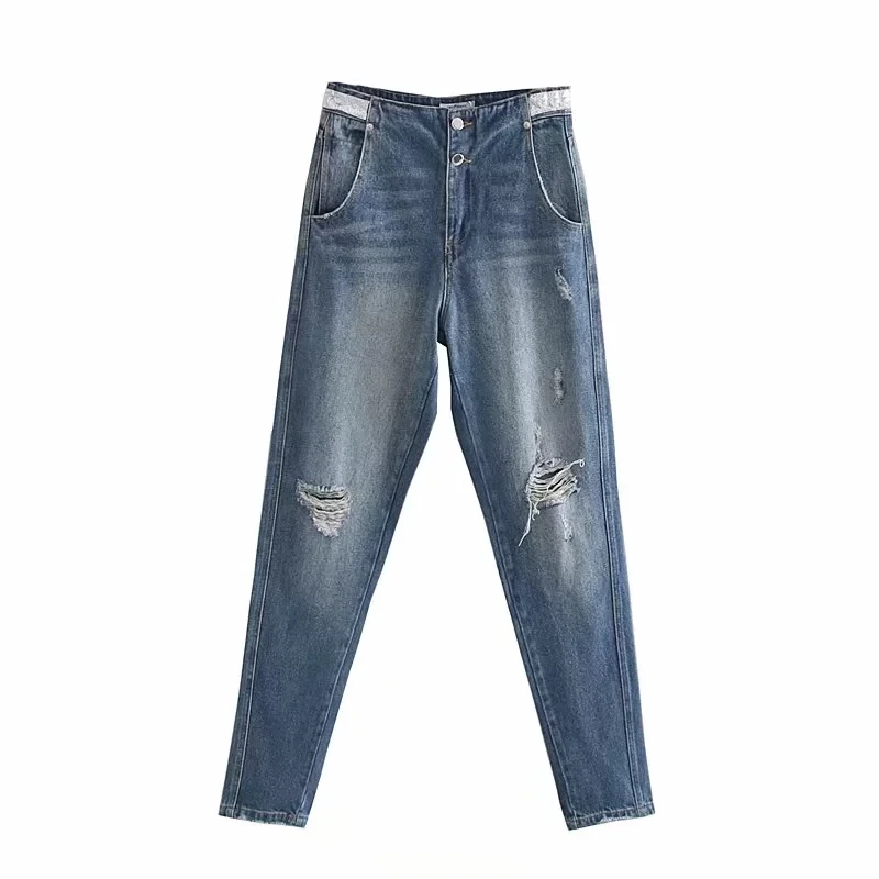 Увядшие высокие уличные однобортные прямые джинсы для мамы женские джинсы с высокой талией рваные джинсы для женщин в стиле бойфренд - Цвет: Синий