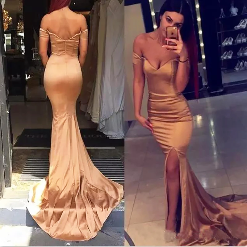 Rose Gold Prom Dress Sexy Side Split Mermaid Long Satin Evening Dress Formal Gala Celebrity Dress vestido de festa longo Rose Gold Prom Dress Sexy Side Split Mermaid Long Satin Evening Dress Formal Gala Celebrity Dress vestido de festa longo