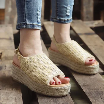

Woman Bohemia Summer Sandals Ladies Straw Buckle Beach Shoes Women Open Toe Platform Wedge Female Slingbacks Women's Plus Size