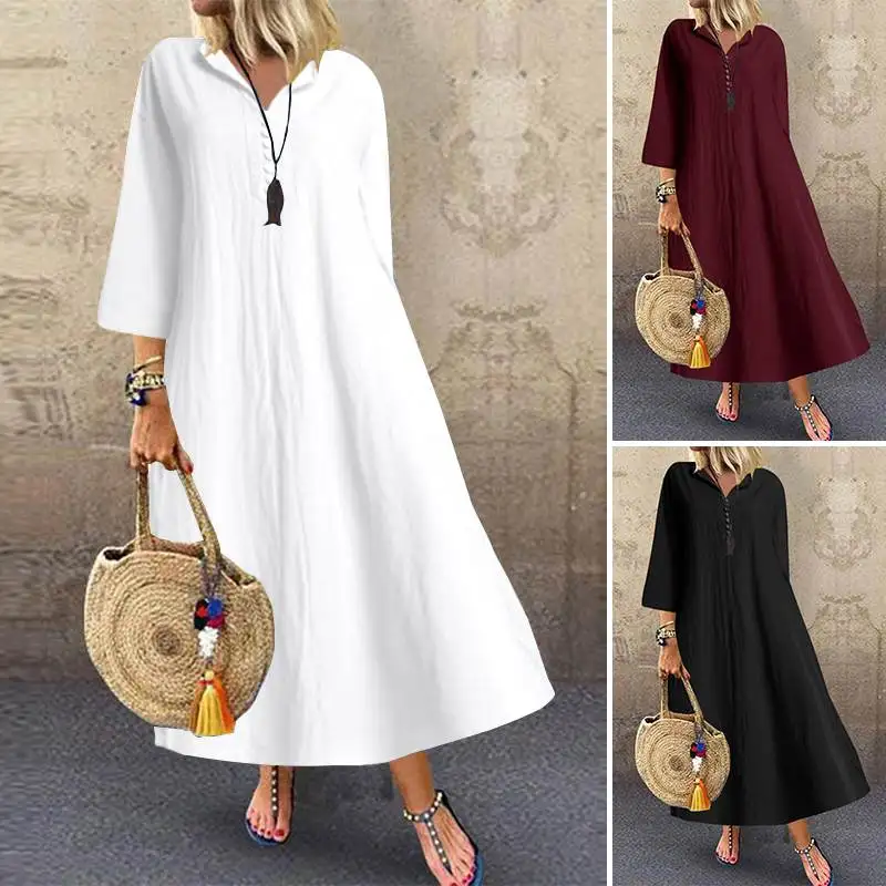 

2020 Summer Women Long Tunic Dress ZANZEA Ladies Casual Loose Pockets Vestidos Beach Party Sundress Cotton Robe Femme Plus Size