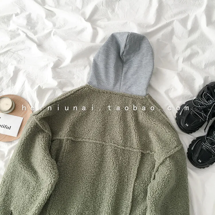 BF Свободное пальто из овечьей шерсти для женщин Harajuku винтажная Лоскутная куртка с капюшоном и длинными рукавами женская зеленая синяя Весенняя Верхняя одежда Топы пальто