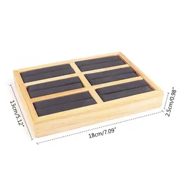 

Vintage Wood Jewelry Display Tray Ring Holder Necklaces Organizer Leather 6 Line