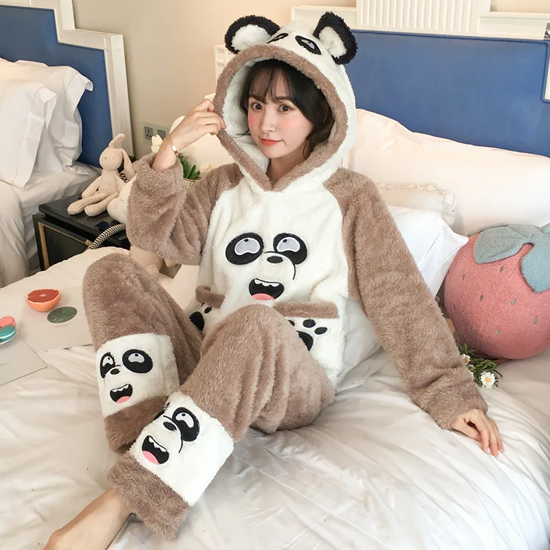 

Pajamas Women's Autumn & Winter Coral Velvet Thick Cute Hooded Warm Flannel Students-Outer Wear Homewear Set