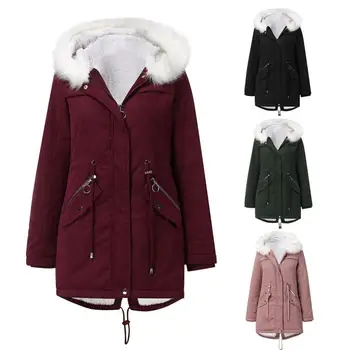 

Women Winter Faux Fur Collar Hooded Warm Fleece Midi Coat Cotton Jacket Outwear