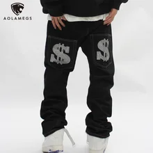 Aolamegs pantalones vaqueros con estampado de letras para hombre, pantalón de estilo Hip Hop, informal, Harajuku