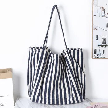 

Korean retro handbag simple striped canvas bag wild casual large capacity shopping shoulder bag 2020 Women bag female Travel Bag