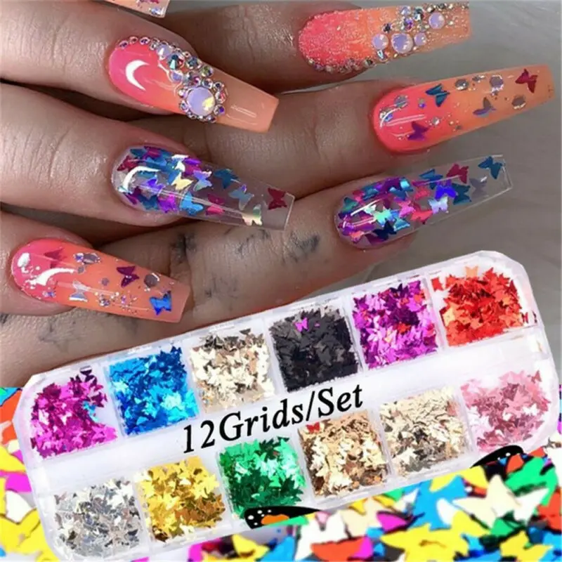 

12pcs/1 set of art nails decorative nails glitter sequins holographic laser 3D butterfly