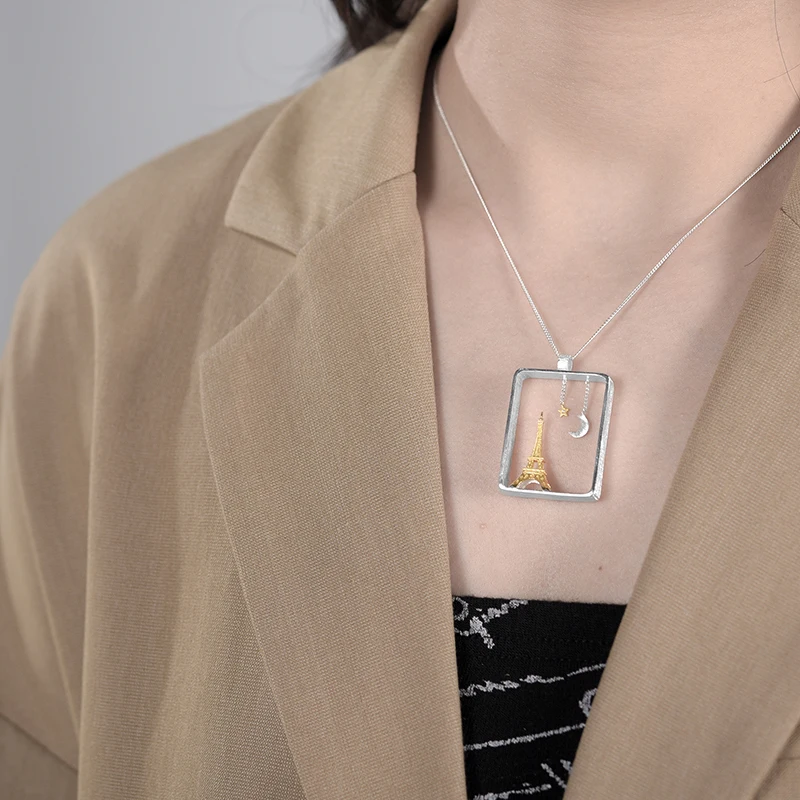 Lotus Fun Real 925 Sterling Silver Handmade Fine Jewelry Eiffel Tower Design Pendant without Necklace For Women