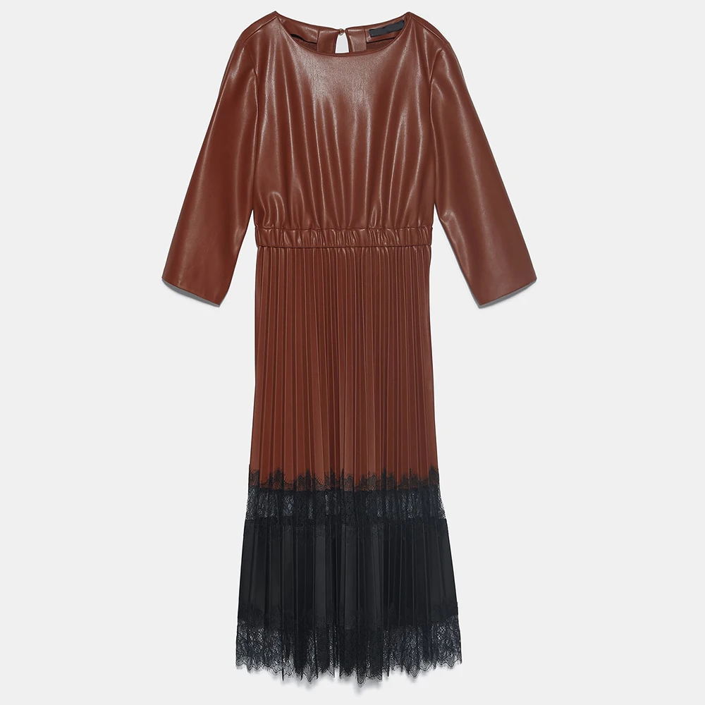 ZA плиссированные платья из искусственной кожи для женщин, модное кружевное лоскутное платье для женщин, элегантные платья до середины икры с рукавом три четверти для женщин - Цвет: Brown