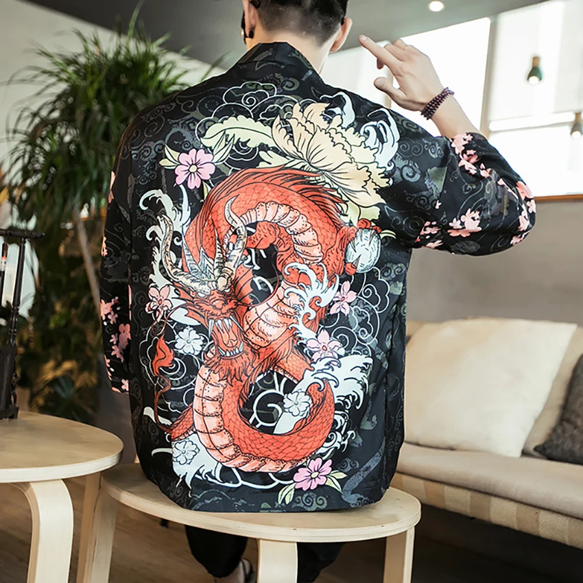Dragon Floral Print Chinese Shirt Crane Top Traditional Chinese Clothes for Men Asian Cardigan Retro Party Costume Plus Tangsuit