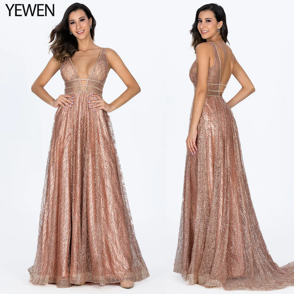 Элегантные розовые золотые вечерние платья для женщин YeWen А-силуэт v-образный вырез бисер кристаллы блестящие вечерние платья Robe De Soiree