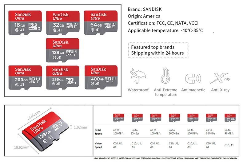 Оригинальная карта Micro SD SanDisk 16 ГБ 32 ГБ 64 ГБ 128 Гб карта памяти Макс 98 Мб/с C10 U1 A1 флэш-карта памяти Micro SD для телефона компьютера