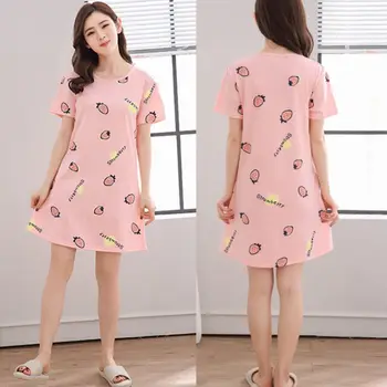 

Women Summer Short Sleeve Nightgown Cartoon Figures Cat Print sleeping Dress O-Neck Knee Length Loose Nightdress L/XL