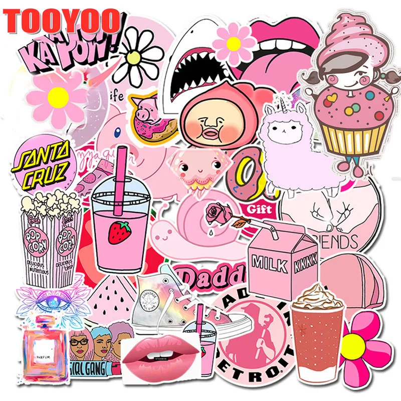 50 Pcs/set Kawaii Pink Vsco Girl Cartoon  PVC Waterproof Stickers For Suitcase Stickers Suitcase And Car Decals Sticker 