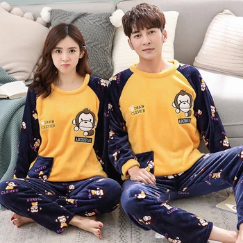

2020 Winter Pajamas Women Men Korean Sleepwear Cute Cartoon Flannel Pajamas Set Velvet Warm Pijama Round Neck Pyjama Homewear Wo