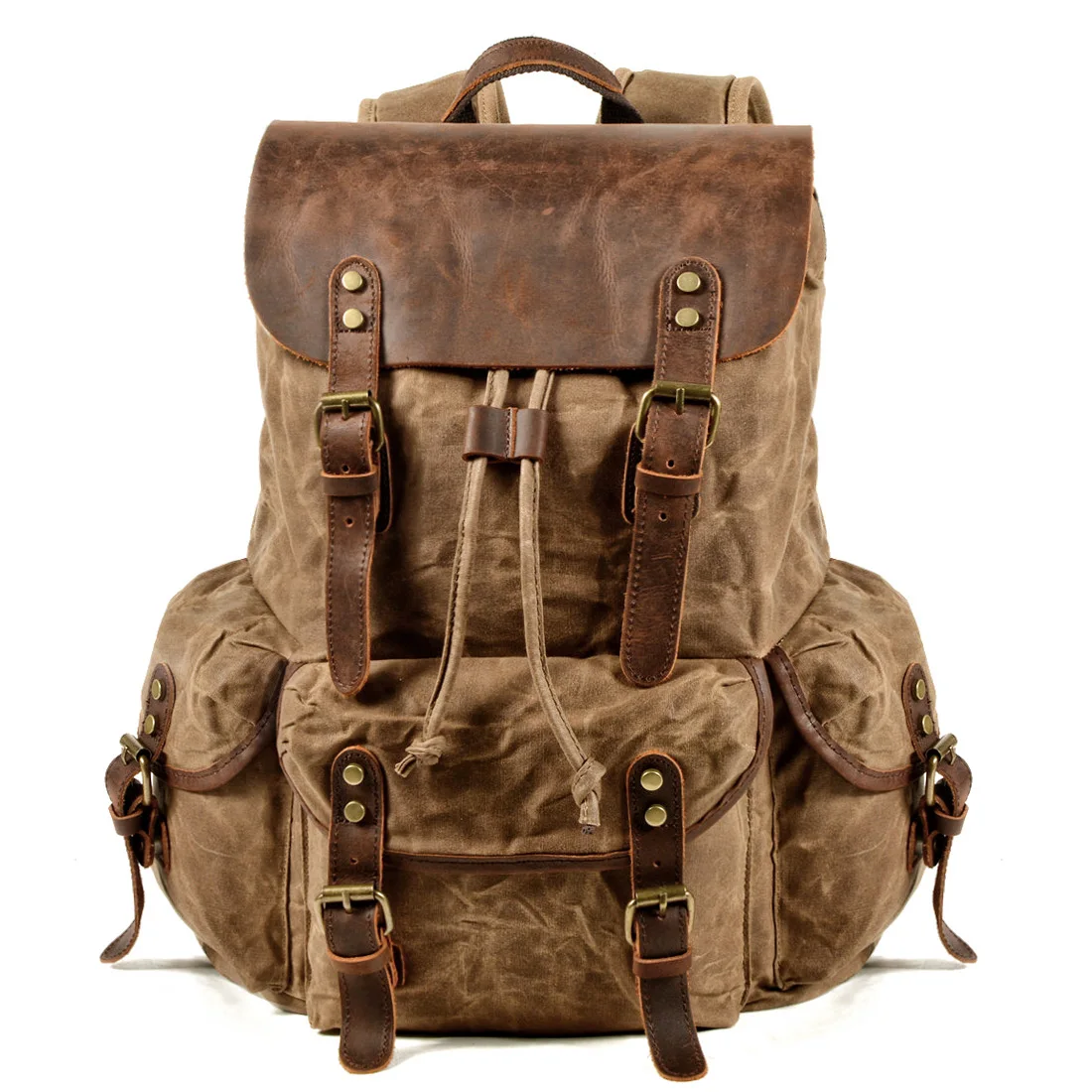 Retro Waxed Canvas Rustic Backpack, Waterproof Roll Top Travel Hiking  Rucksack Leather Daypack 