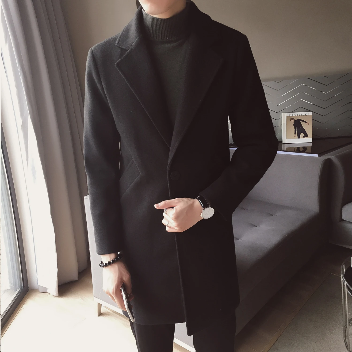 Зимнее длинное шерстяное пальто, мужское коричневое теплое пальто, корейское приталенное длинное пальто, мужское Трендовое коричневое черное пальто, Мужское пальто Casaco Masculino