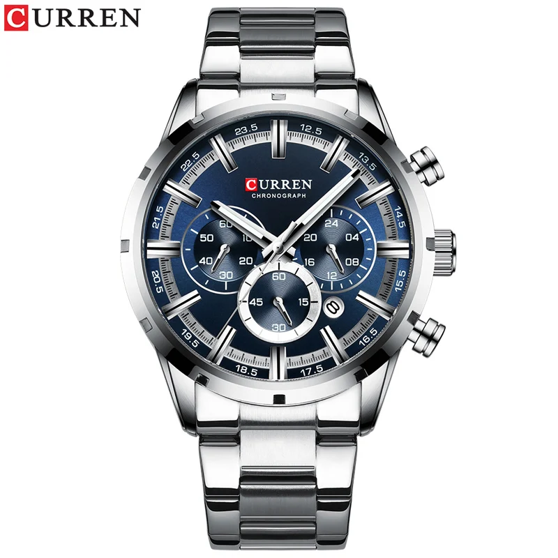 silver blue watch CURREN Топ бренд класса люкс кварцевые часы для мужчин s Нержавеющая сталь Дата хронограф часы для мужчин модные повседневные спортивные часы - Цвет: silver blue watch