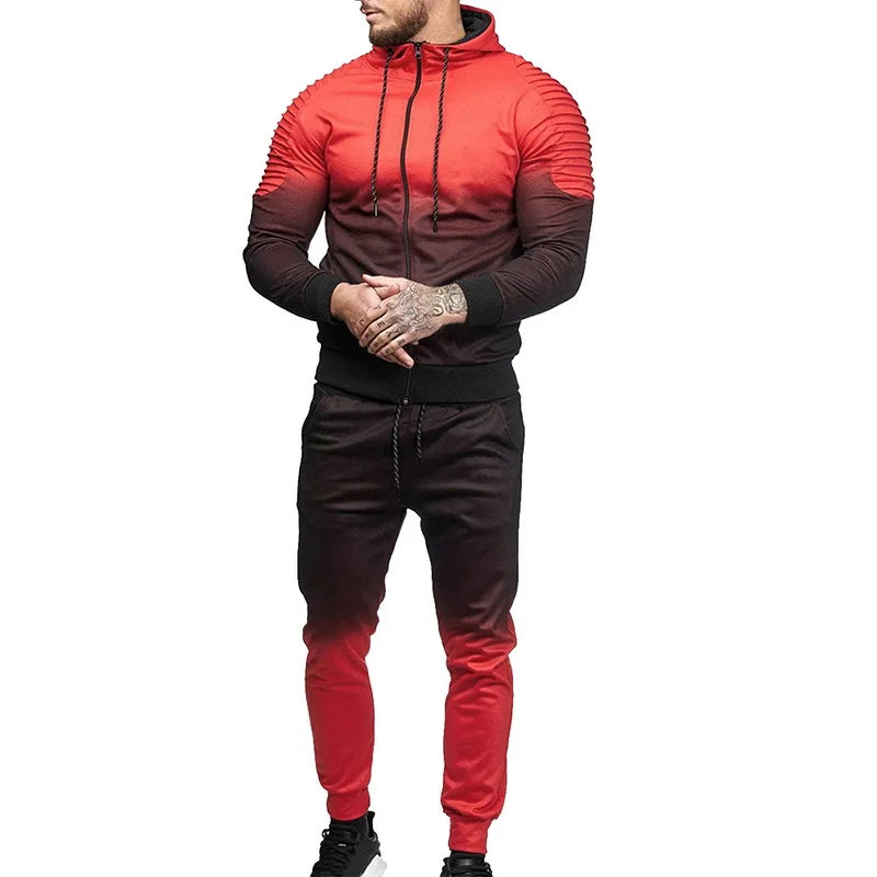 Осенний мужской модный комплект с 3D принтом, толстовка+ брюки, костюмы, градиентная повседневная куртка, брюки, спортивный костюм, уличная одежда большого размера - Цвет: Red Set