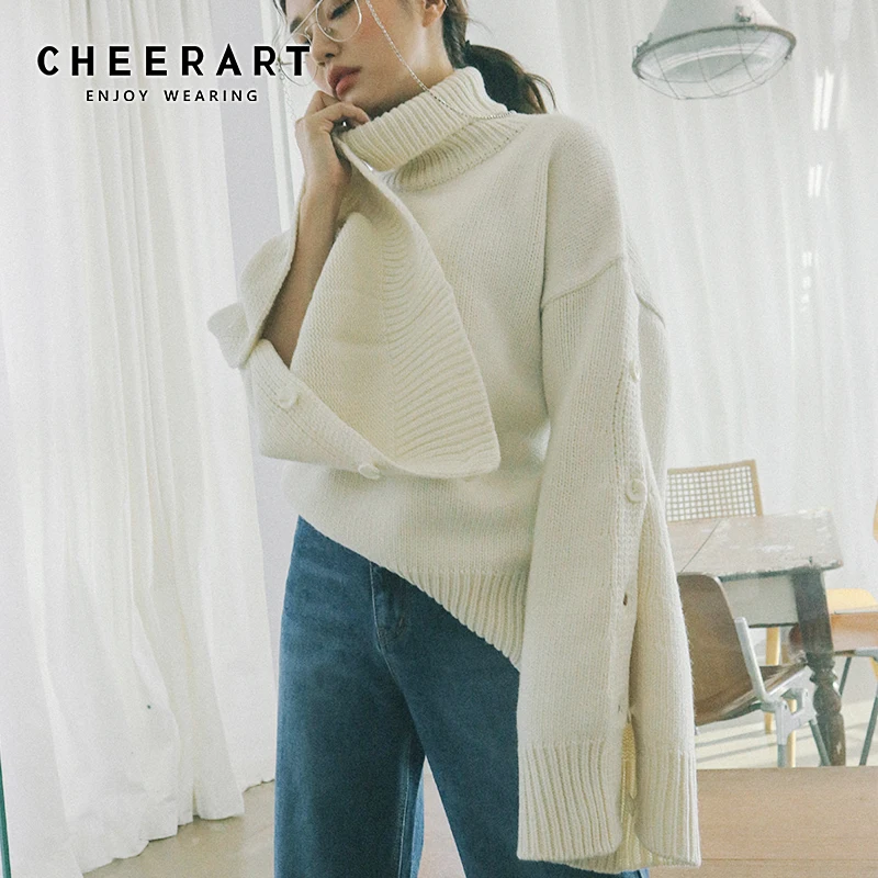 

Cheerart Winter Turtleneck Sweater Women Button Slit Long Sleeve Knitted Jumper Streetwear Loose Sweater Korean Style
