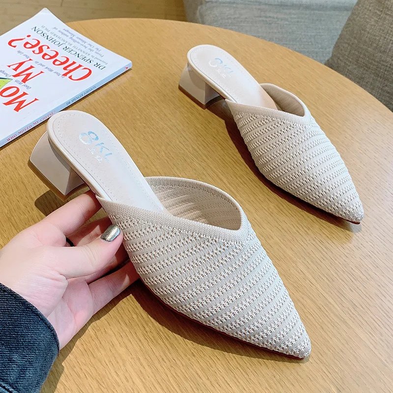 

Weaving Mules Femme Sexy Pointed Toe High Heel Slippers Women Summer Fashion Beach Party Dress Shoes Woman Green Black Beige