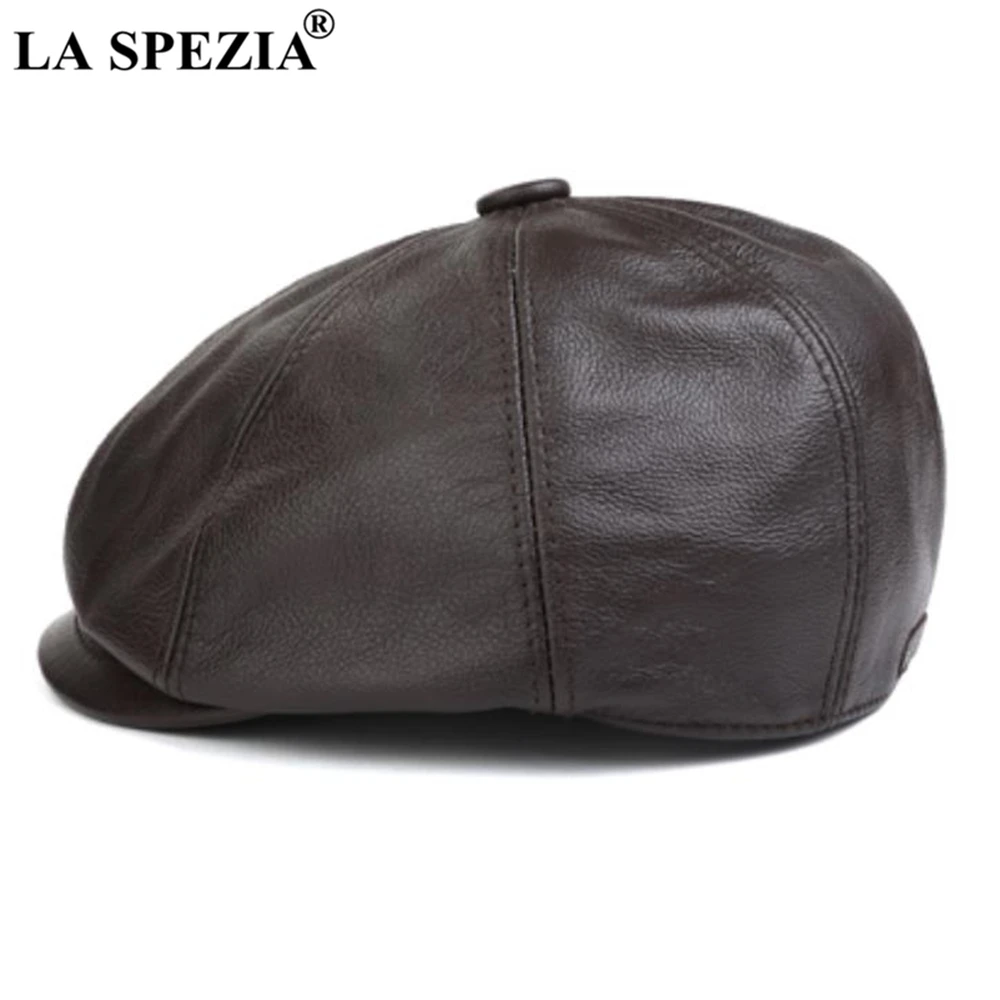LA SPEZIA, Черная кепка Newsboy, Мужская зимняя плоская шапка, натуральная кожа, Воловья кожа, Ретро стиль, утолщенная, теплая, повседневная, мужская, восьмиугольная кепка