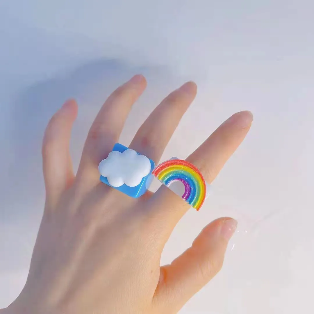 finger ring Women Girls Funny Children Finger Ring Summer Jewelry Gift Cute Cartoon Smile White Cloud Rainbow Resin Acrylic Rings