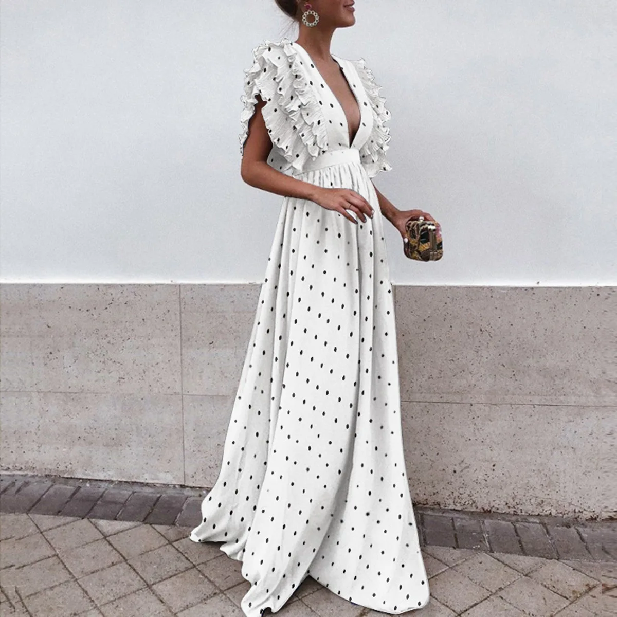 Шифоновое летнее богемное пляжное платье с узором в горошек, женские платья макси с v-образным вырезом, пэчворк, Vestidos Verano - Цвет: Белый