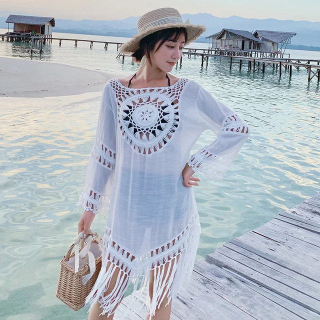 Vestido de praia branco para mulheres, túnica, encobrimento, moda praia,  túnica, pareo, vestidos playa, roupas de praia, verão, 2023 - AliExpress