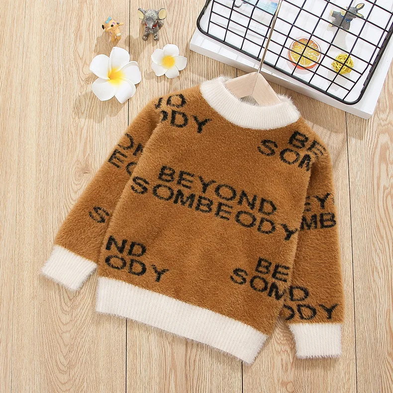 

2019 New Style Childrenswear Baby Korean-style Lettered BOY'S Not Balling up Mink Cashmere Knitted Sweater Kids' Sweater