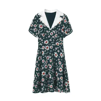

Women's Daisy Print Short Dress Lotus Leaf V-neck Elegant Short Ruffle Sleeve Patchwork 2020 Spring and Summer A-line Mini Dress