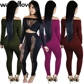

2019 New 2 piece outfits Wantmove sexy off shoulder hollow out long sleeve top slim pants solid club women 2 pieces WM1045