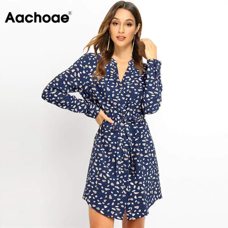  Женское платье рубашка с длинным рукавом Aachoae, винтажное мини платье с цветочным принтом, вечерние платья с v образным вырезом, осень 2020…
