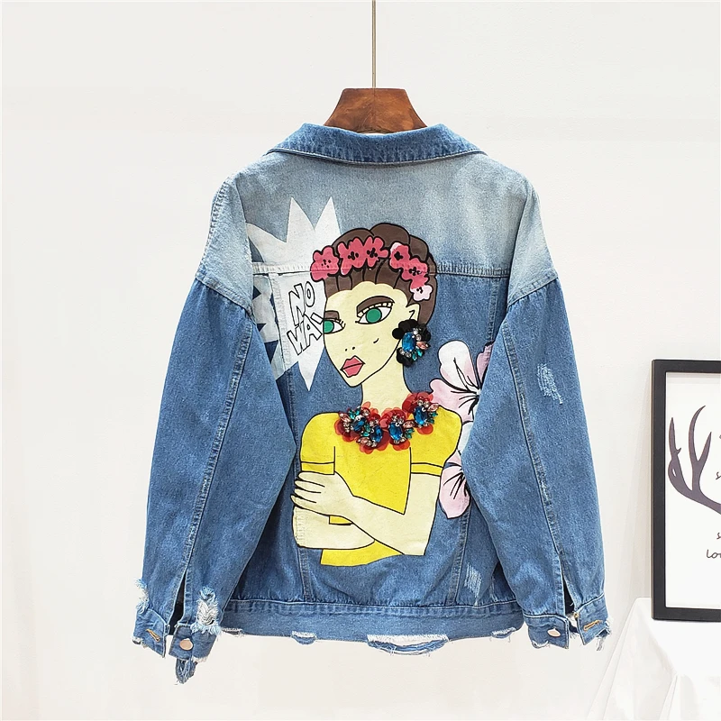 

2019 spring and autumn new heavy work diamond-printed denim jacket female hole hairy loose jacket female