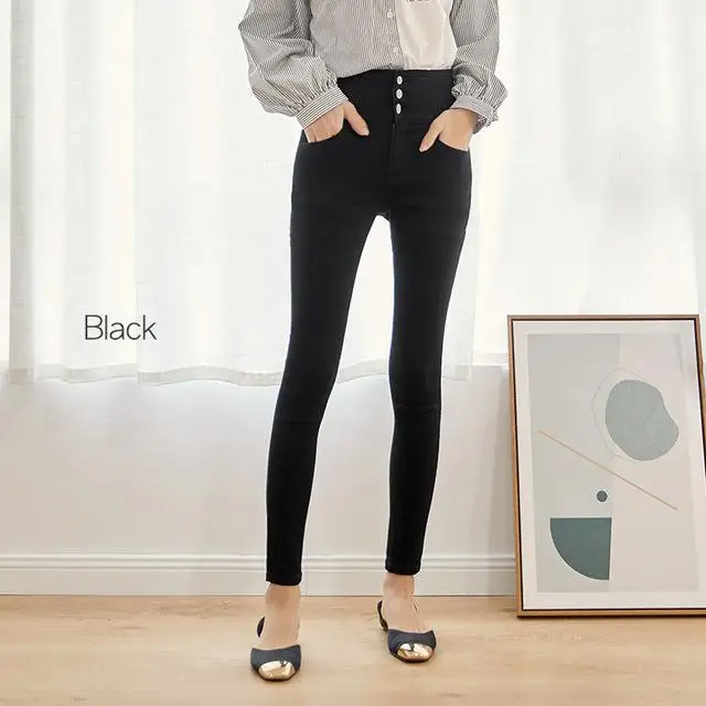 Джинсы для женщин Высокая талия тонкий размера плюс эластичные пуговицы в один ряд женские полной длины обтягивающие джинсовые брюки карандаш 6xl - Цвет: black  9088