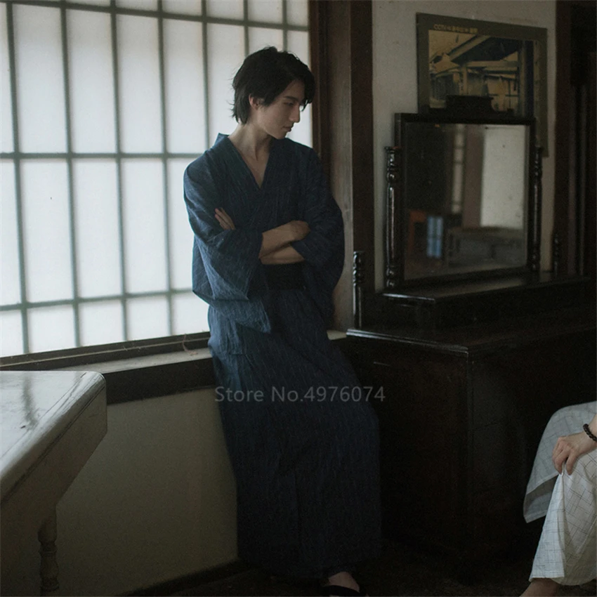 Men Japanese Samurai Costumes Kimono Home Wear Loose Cotton Jinbei Yukata Traditional Clothing Pajamas Sauna Nightgown Robe