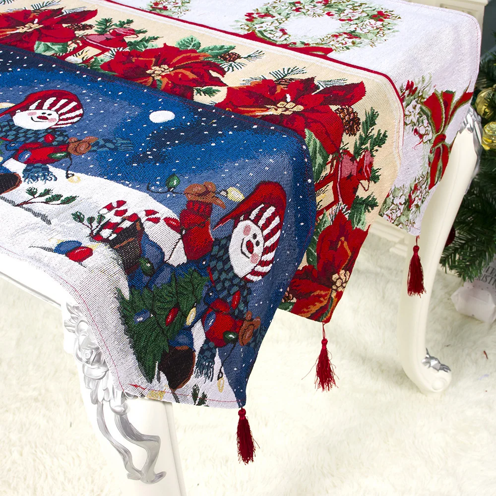 Christmas Tablecloth 180* 35cm Linen Decoration Table Flag Decor Ornaments Snowman/Garland/Flower+Bell