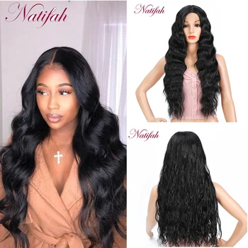 

Natifah 28inch Deep Wave Wig Synthetic Lace Wig Long Black Wigs Middle Part Ocean Wave 150Density Heat Resistant Fiber For Women