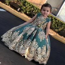 Бальное платье принцессы, Платья с цветочным узором для девочек г., золотые кружевные пышные платья для маленьких девочек, вечерние платья с аппликацией и бисером для детей