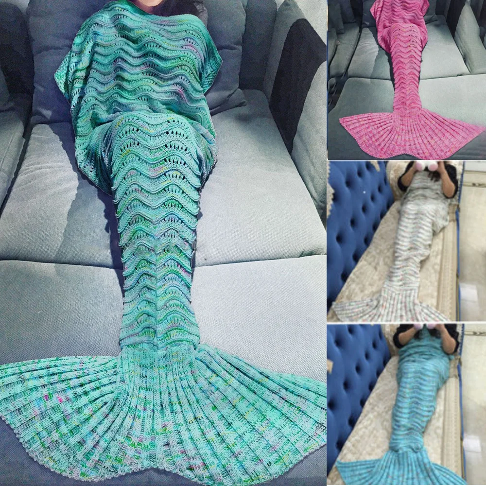 Cute Mermaid Tail Blanket Soft Warm Hand Crocheted Knitting Quilt Bag Rug Kids