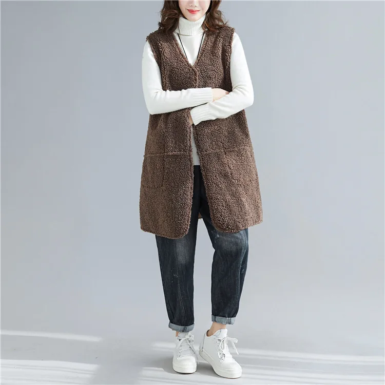 Johnature, корейский стиль, без рукавов, овечья шерсть, все Mathc, двухсторонние, длинные женские жилеты, зимние, повседневные, v-образный вырез, карманы, свободные, женские пальто