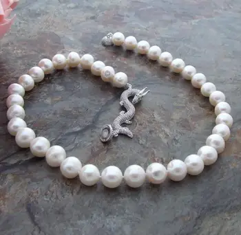 

Fashion jewelry Free Shipping NEW Fancy Design Natural freshwater pearls 30" White 9-10MM Pearl Necklace CZ Dragon Clasp