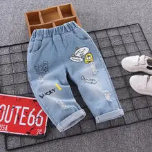 Детские рваные штаны с карманами и надписью «Медведь»; дизайн с регулируемым эластичным поясом; удобные осенние джинсовые брюки для маленьких мальчиков и девочек