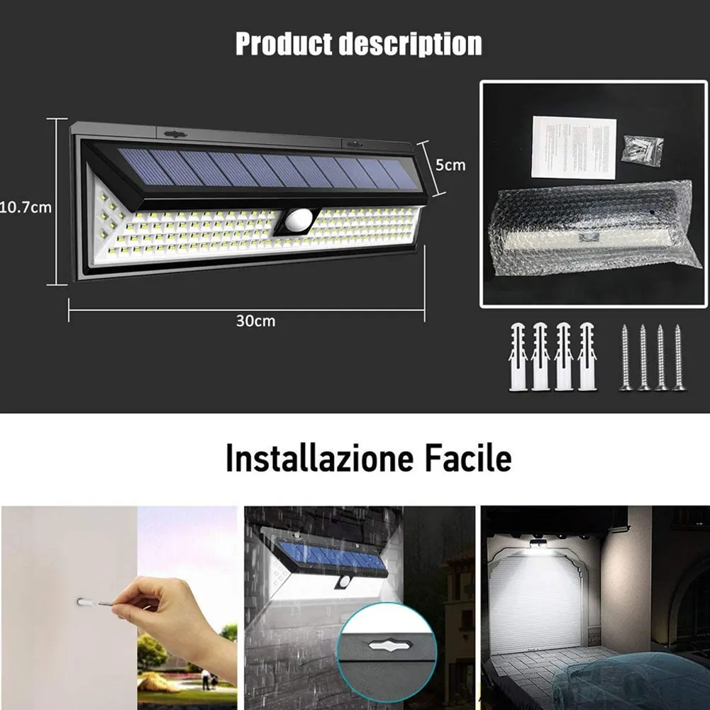 

118 LEDs Solar Powered Wall Light Three Modes Withstand Heat Rain Motion Sensor Security Lamp for Outdoor Garden TY