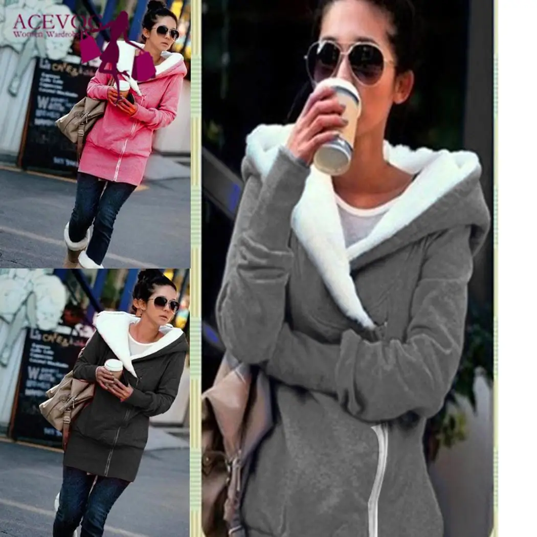 

Women Zipper Closure Hooded Plush Sweatshirt Zip-up design Winter Slim Fashion Solid Casual Hoodies