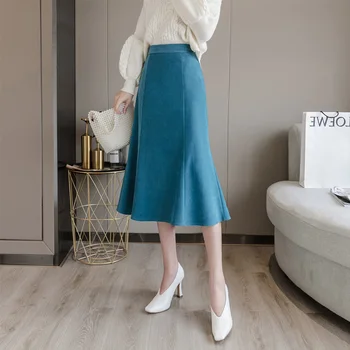 

Spring Autumn Midi-Length Women Skirt Korean Elegant Office Long Skirts ladies Elastic Waist Faldas Mujer Blue Saias Femme