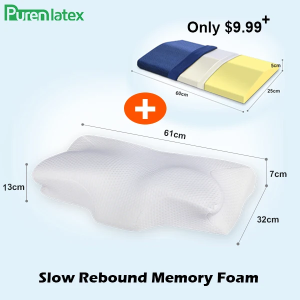 Blue Pillow Set Purenlatex 13cm Contour Memory Foam Cervical Pillow Orthopedic Neck Pain Pillow for Side Back Stomach Sleeper White Case Pillows - Color: Blue Pillow Set