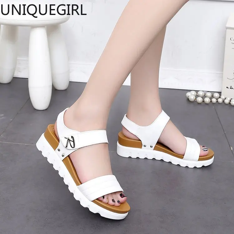 

Women Female Ladies Mother Genuine2020 Leather Shoes Sandals Flats Soft Hook Loop Korean Bling Summer Beach